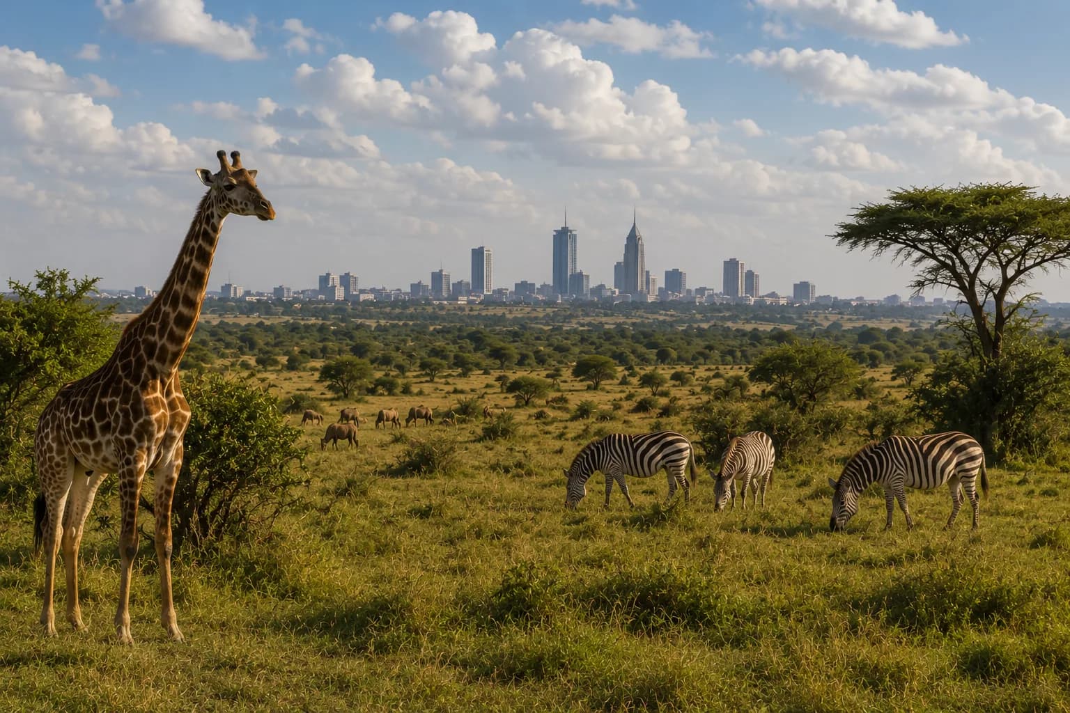 A giraffe in Nairobi National Park, with the city skyline on the horizon