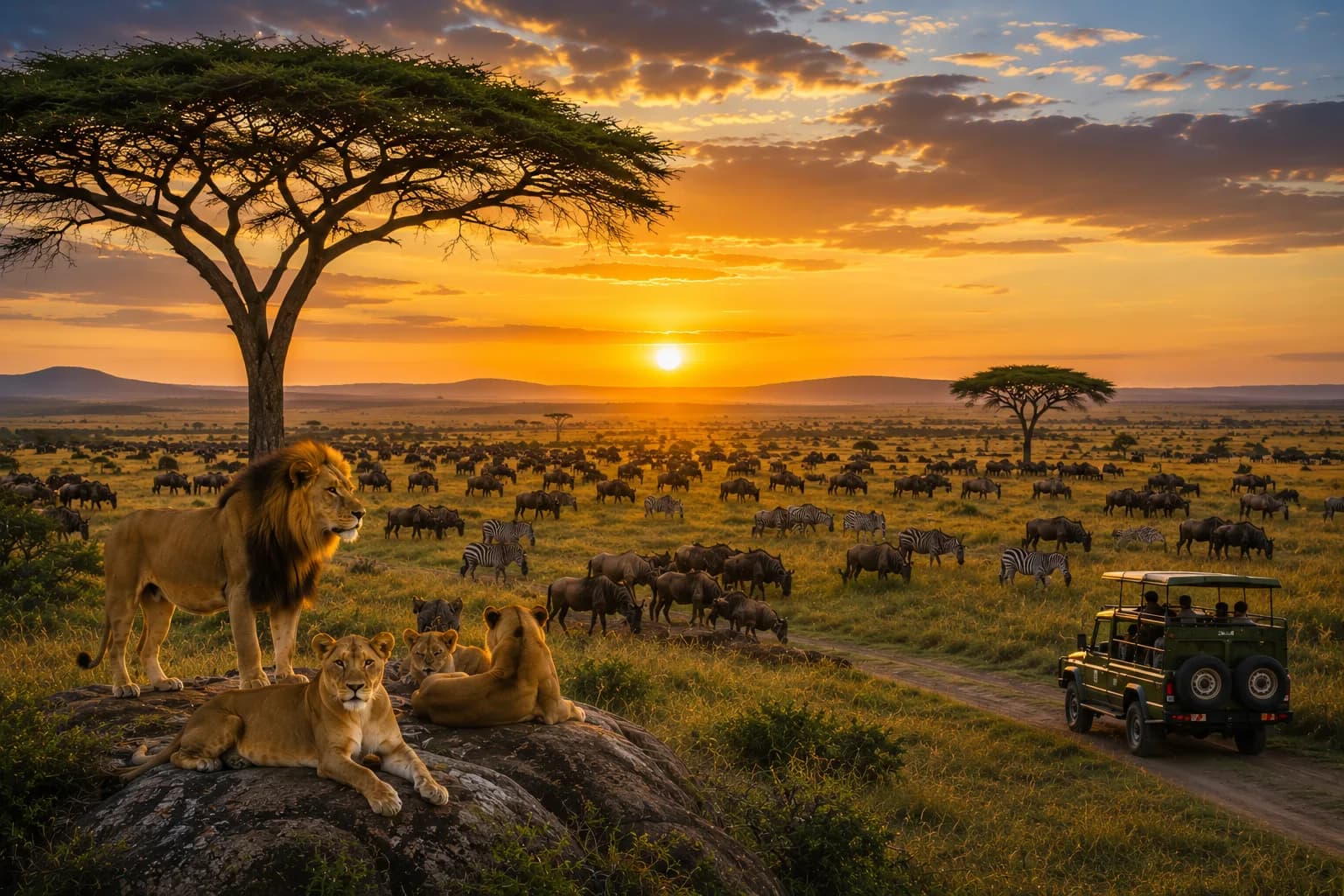Acacia trees silhouetted against a golden East African dusk